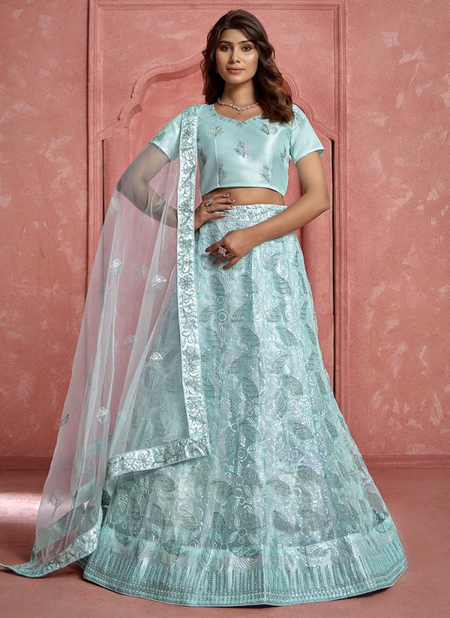 Butterfly Net Sky Blue Ceremonial Wear Embroidery Work Lehenga Choli